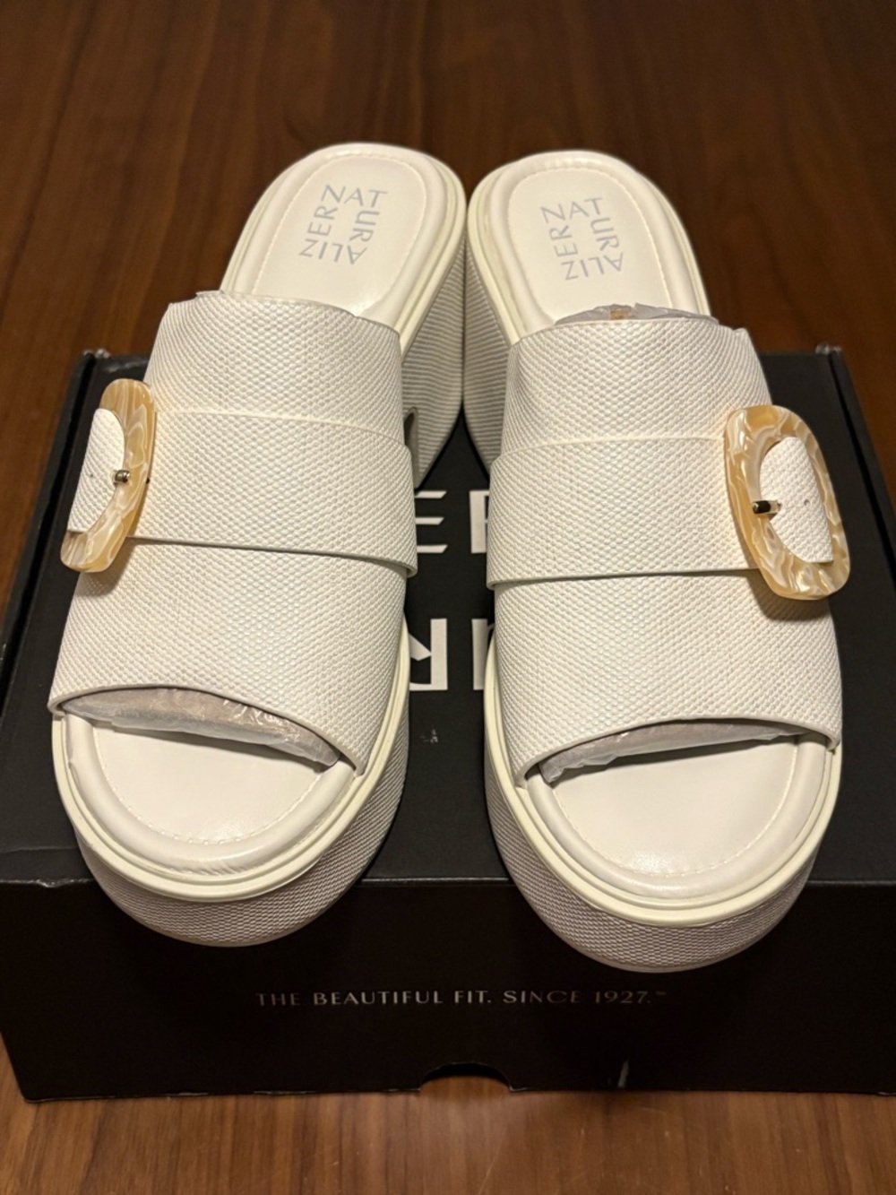 Naturalizer Cream Platform Slide Sandals with Buckle Accent